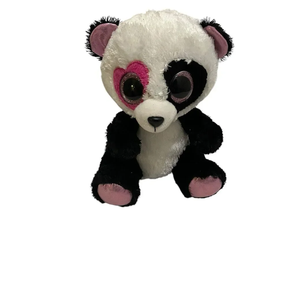 Ty Beanie Boo MANDY the Panda Bear 9in Plush Pink Glitter Eyes Heart Around One